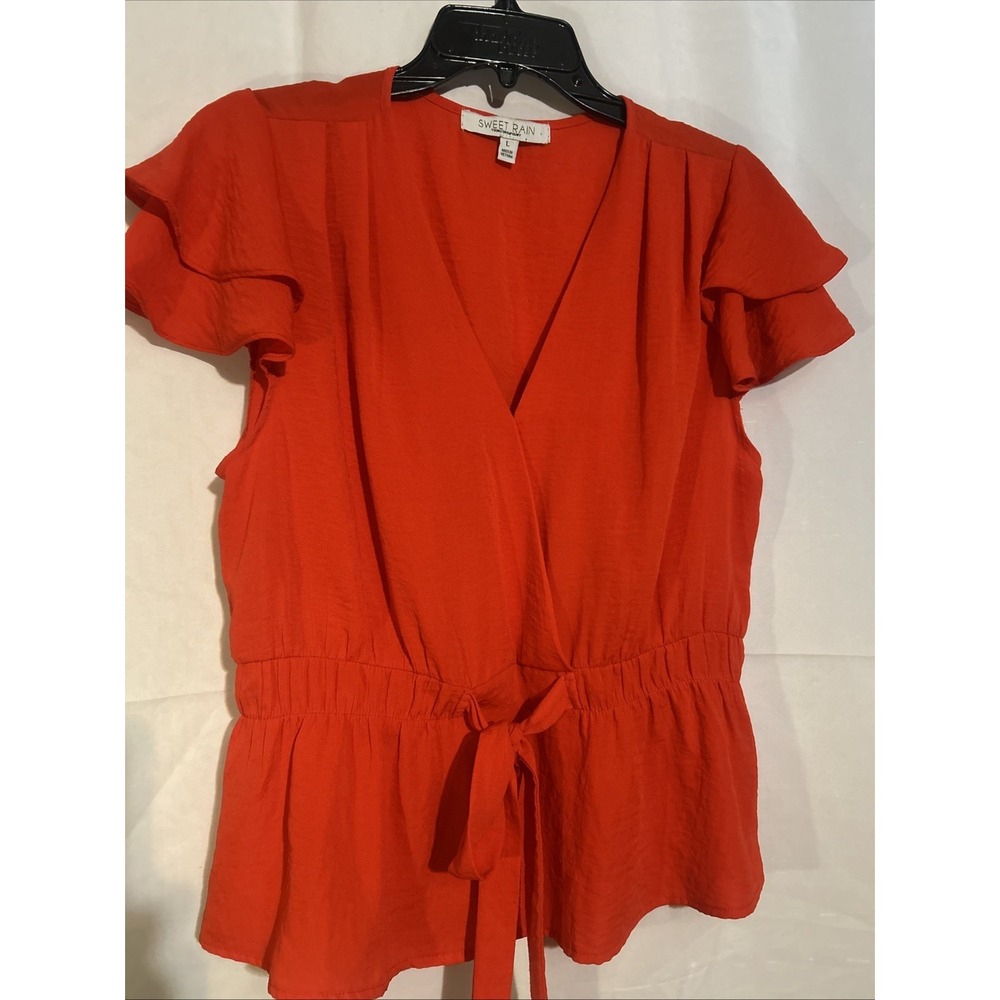 Sweet Rain Women's Red V-Neck Ruffle Sleeve Top Size L